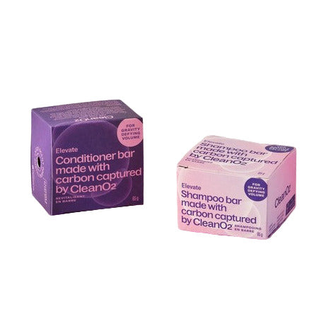 CleanO2 Elevate Shampoo and Conditioner Bar Set packaging featuring volumizing carbon-captured hair bars for fine hair, eco-friendly plastic-free hair care made in Canada