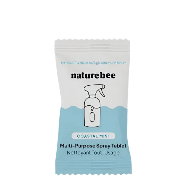 Nature Bee Coastal Mist multi-purpose cleaning tablets in white, compact cylindrical container for bathroom and kitchen use
