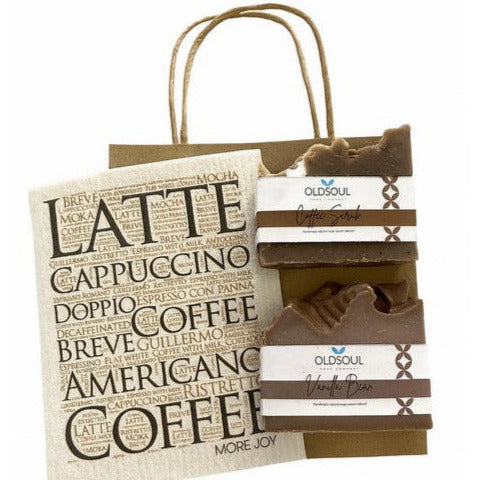 Hand-crafted coffee soap gift set with exfoliating coffee scrub, featuring organic ingredients and Swedish dish cloth by