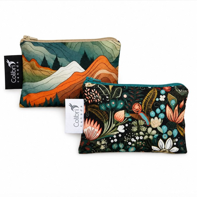 Colibri small reusable snack bags in Mountains and Penny Lane patterns
