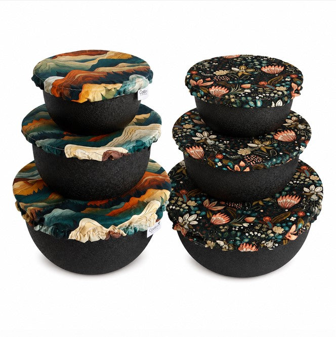 Colibri reusable bowl cover sets in Mountains and Penny Lane patterns