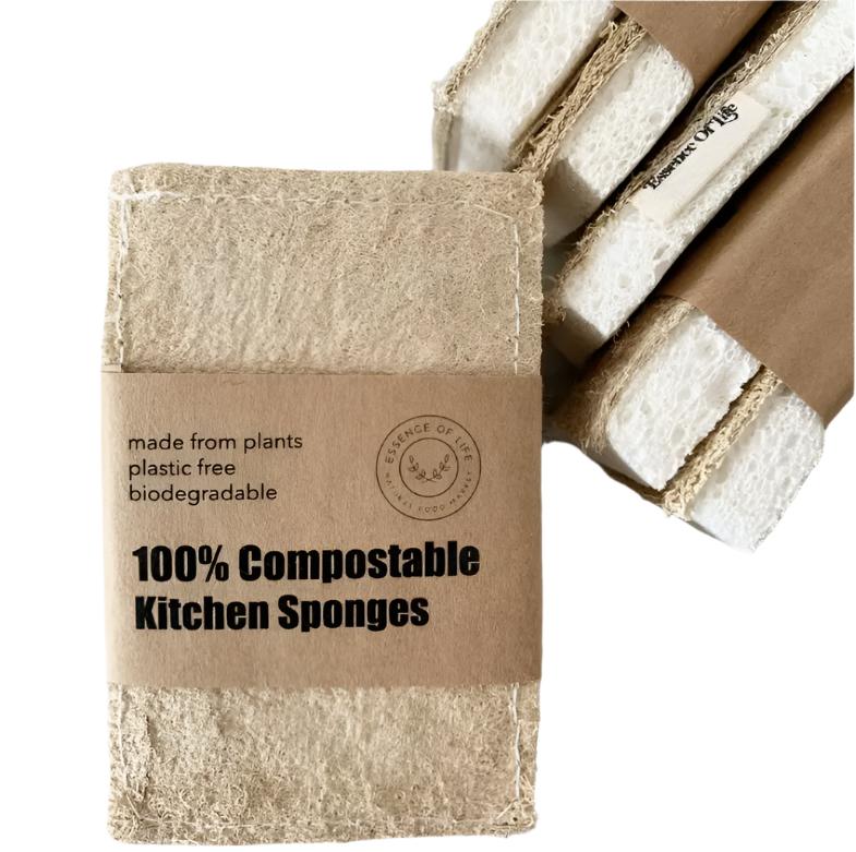 Eco-friendly compostable kitchen sponges in natural beige, 2-pack by Essence of Life Organics for sustainable cleaning