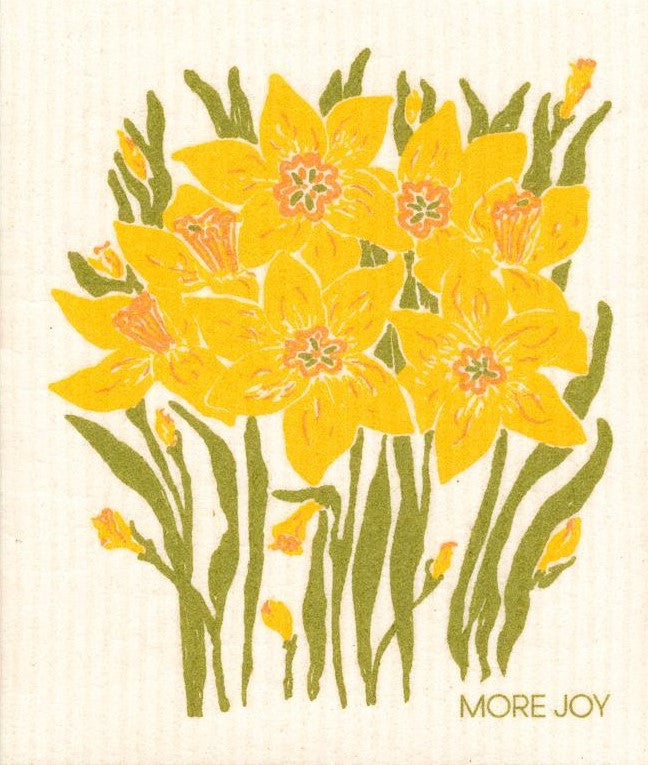 Daffodil More Joy Swedish Dishcloth with yellow daffodil print, textured cellulose and cotton blend, 6x8 inches