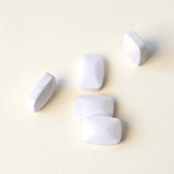 Revolubar dishwasher detergent tablets arranged in a clear, resealable plastic pouch highlighting easy packaging and