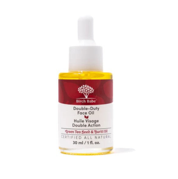 Birch Babe Double Duty Face Oil in amber glass bottle with dropper, lightweight moisturizing formula with natural