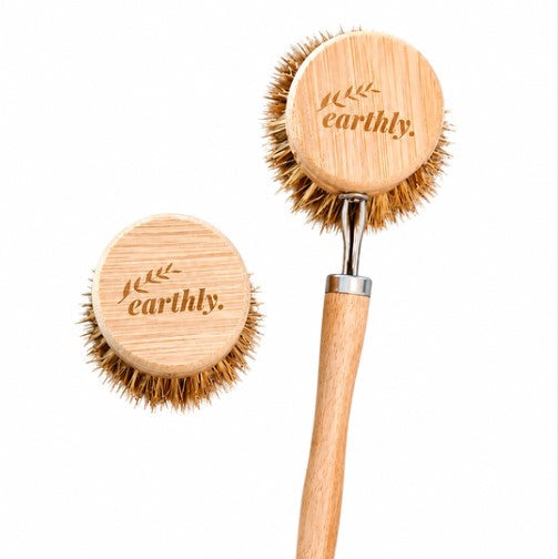 Earthly compostable bamboo dish brush with replaceable natural sisal brush head on a white background