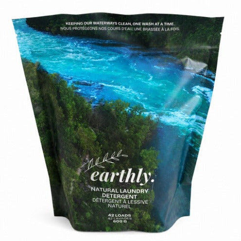 Earthly Natural Laundry Detergent Canadian made eco-friendly powder laundry soap in recyclable pouch on white background for low waste laundry routine