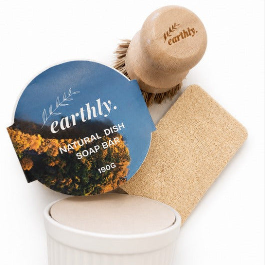 Earthly solid dish soap with dish brush and natural scrubber in reusable ramekin