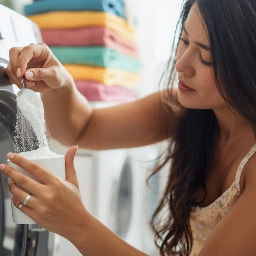 natural lemon laundry detergent powder being added to washing machine eco friendly laundry