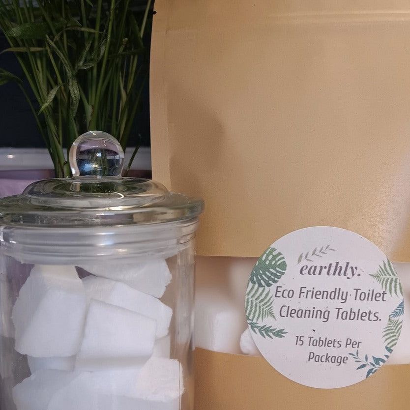 Earthly Change natural toilet cleaning tablets in biodegradable packet for toilet bowl freshening and zero waste bathroom use