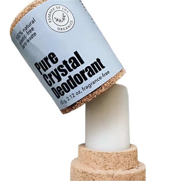 Essence of Life Organics crystal deodorant stick with zero waste cork packaging, natural and Canadian-made personal care