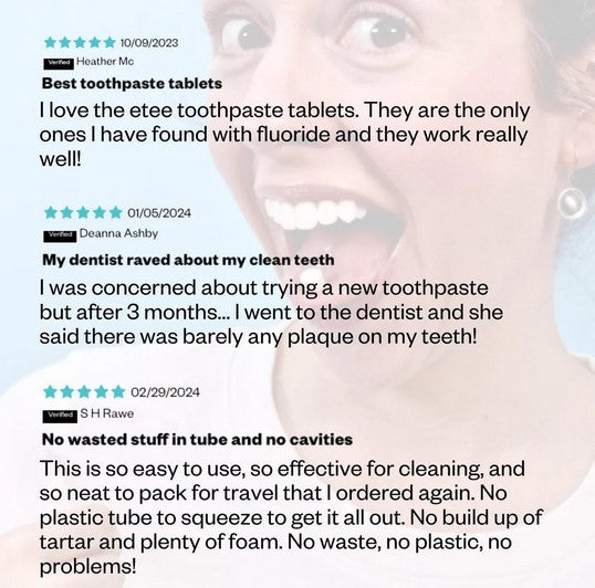 Close-up of fluoride Chewpaste tablets inside clear resealable container, highlighting compact packaging and vibrant tablet