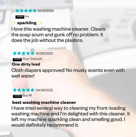 Close-up of Etee Washing Machine Cleaner packet showing textured white plastic surface and green eco-friendly label detail