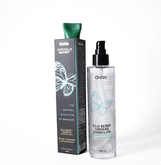 Etee facial cleanser concentrate in clear glass bottle with pump, natural ingredients, lightweight texture, fresh scent, 2