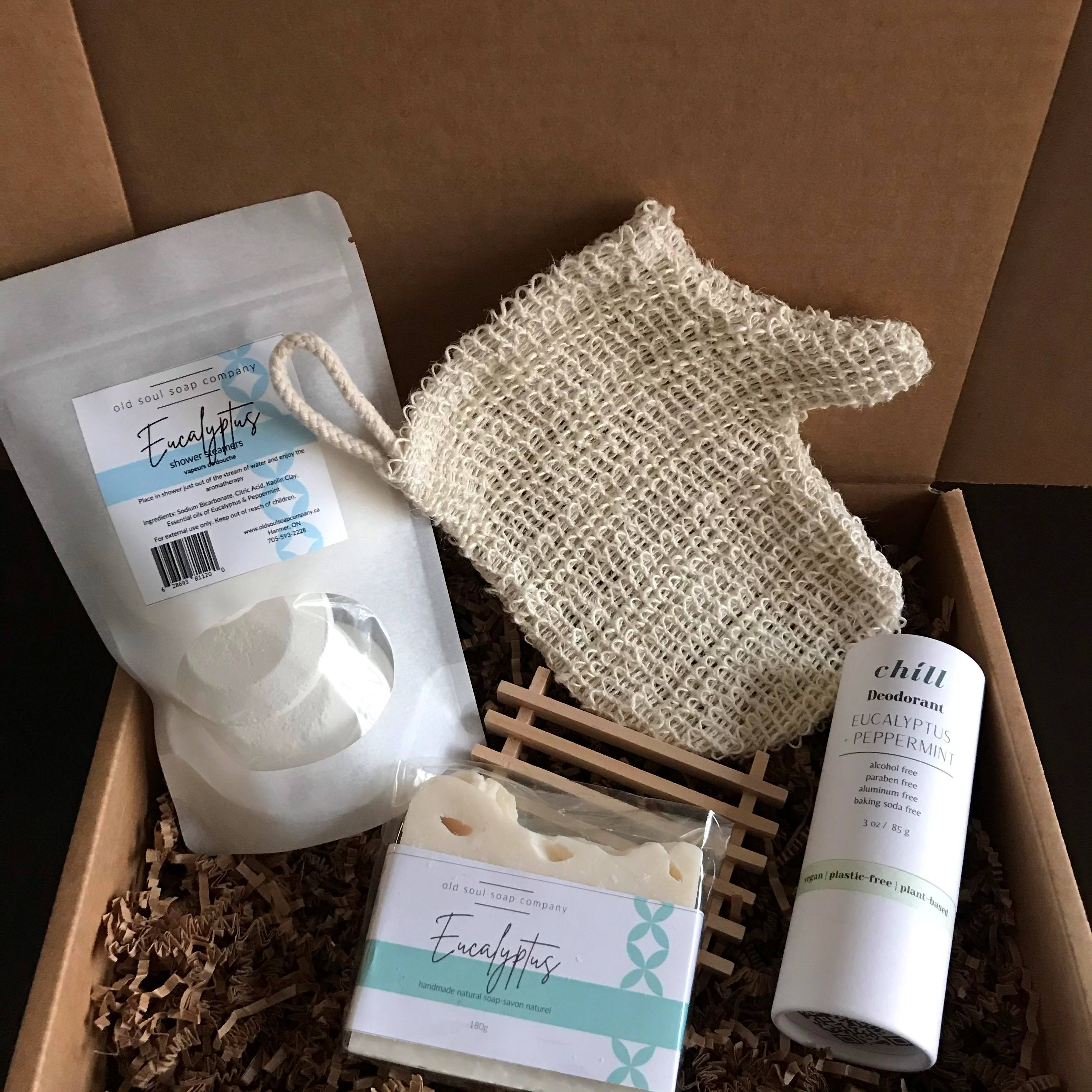 Eucalyptus Deluxe Gift Box by Simply Natural Canada with handcrafted vegan soap, natural deodorant stick, and eco-friendly