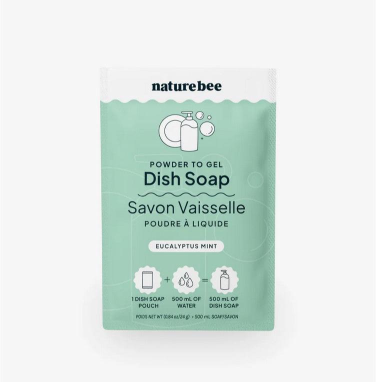 Nature Bee Clean powder to gel dish soap in white and green packaging with eucalyptus mint label, textured powder, and gel