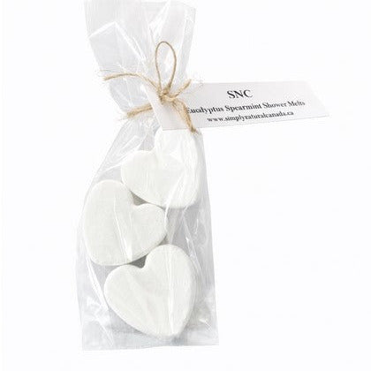 Simply Natural Canada heart shower steamer melts large eucalyptus spearmint 3 pack in compostable packaging on a white background