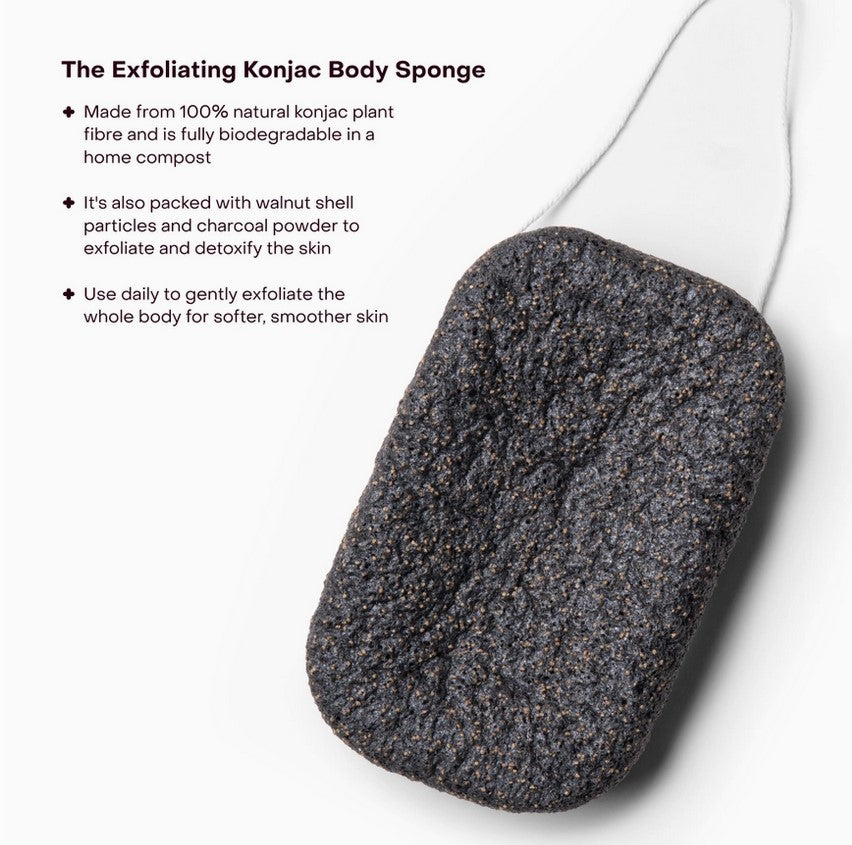 Close-up of the black konjac sponge’s textured surface highlighting its porous, fibrous natural material detail.