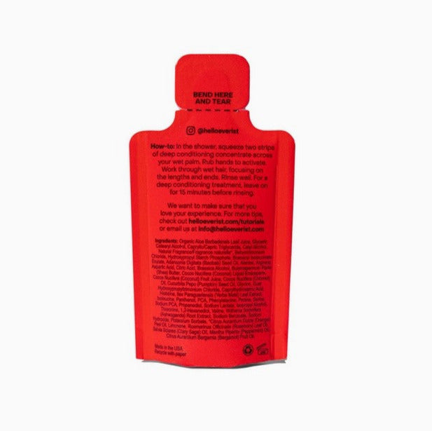 Close-up of Everist Deep Conditioning Concentrate sample label highlighting ingredients and scent details from a top-down