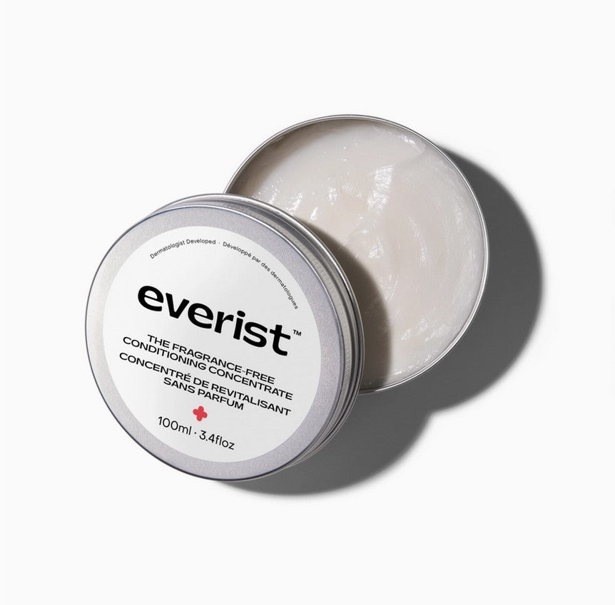 Everist Conditioning Concentrate Tin, fragrance-free, smooth creamy texture, vegan formula, zero waste packaging, 4 oz