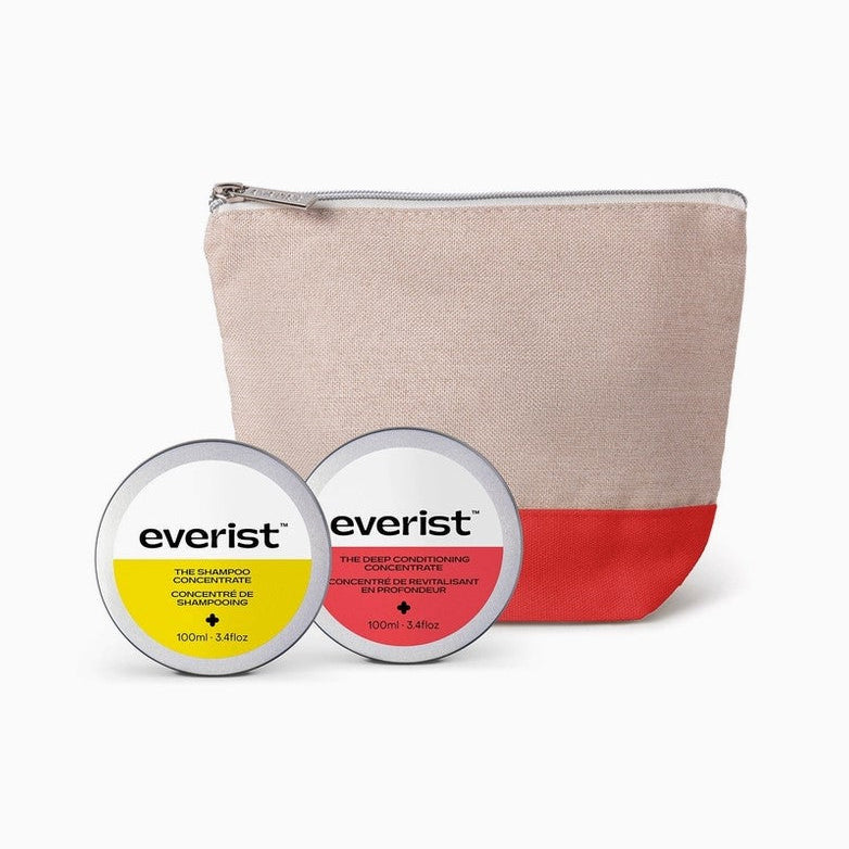 Everist Haircare Meets Skincare Set with shampoo concentrate, deep conditioner concentrate and reusable natural jute travel pouch