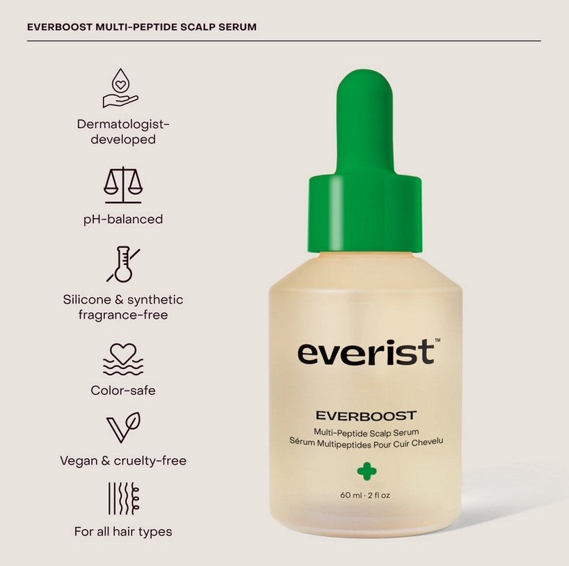 Everist EverBoost multi-peptide scalp serum bottle highlighting pH-balanced, vegan, and color-safe benefits
