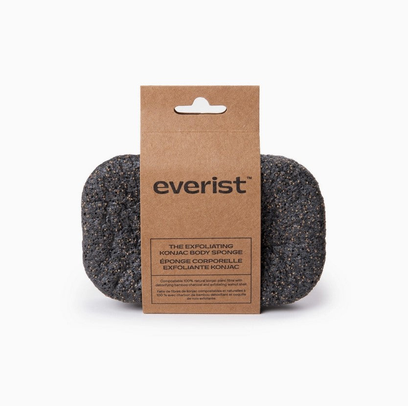 Everist black compostable konjac body sponge with soft, textured surface for bath and shower skincare