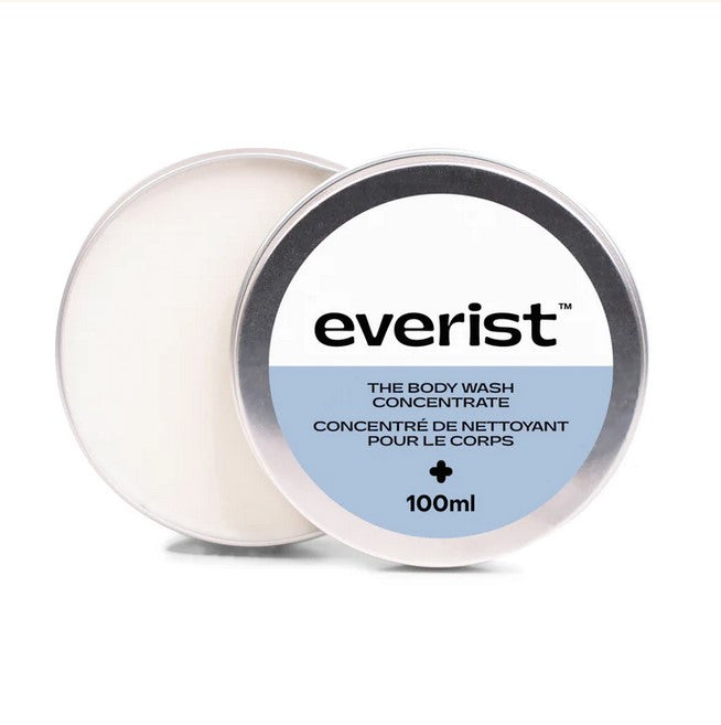 Everist body wash concentrate tin in small 100 ml aluminum container with engraved branding and green matte finish