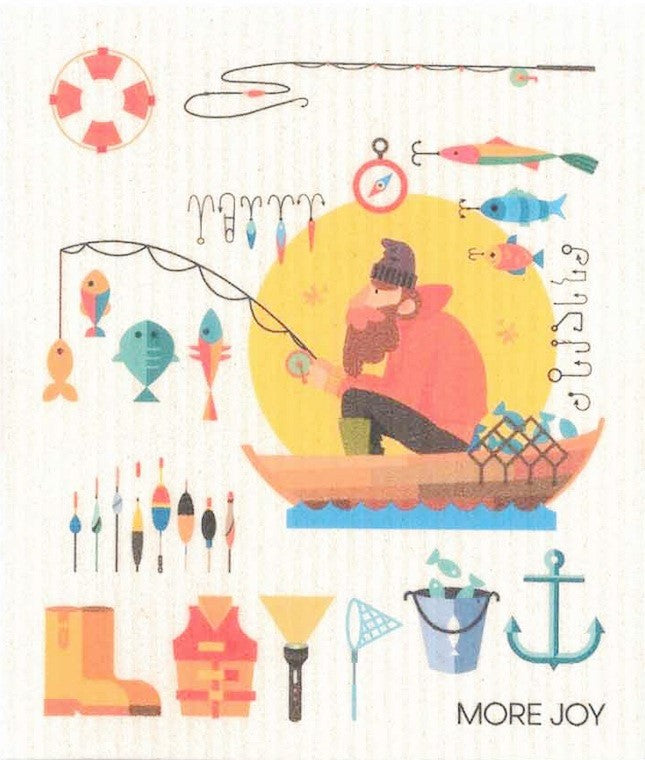 Fisherman More Joy Swedish dishcloth made of cellulose and cotton, in blue and white fishing-themed pattern, 6x8 inches