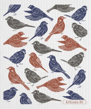 Flock Terra Swedish cloth by Artisan 85 with bird pattern in terracotta, blue and neutral tones, reusable eco-friendly dishcloth made from cellulose and cotton, compostable kitchen cloth Canada