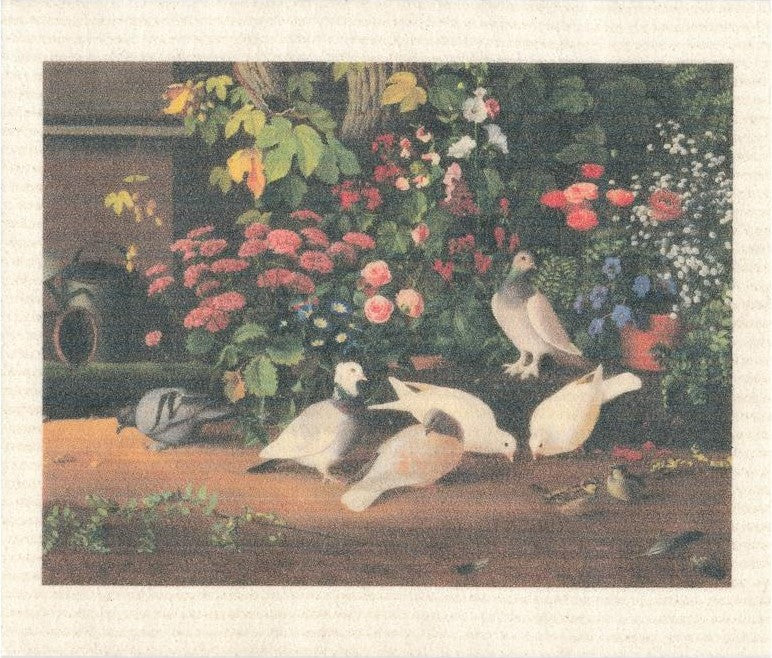 Flowers and Birds pattern on biodegradable Swedish dishcloth with floral and avian motifs, by MORE JOY, measuring 6x8 inches