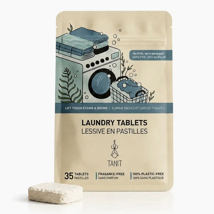Tanit Plastic-Free Laundry Detergent Tablets in compostable pouch with fragrance-free laundry tablet