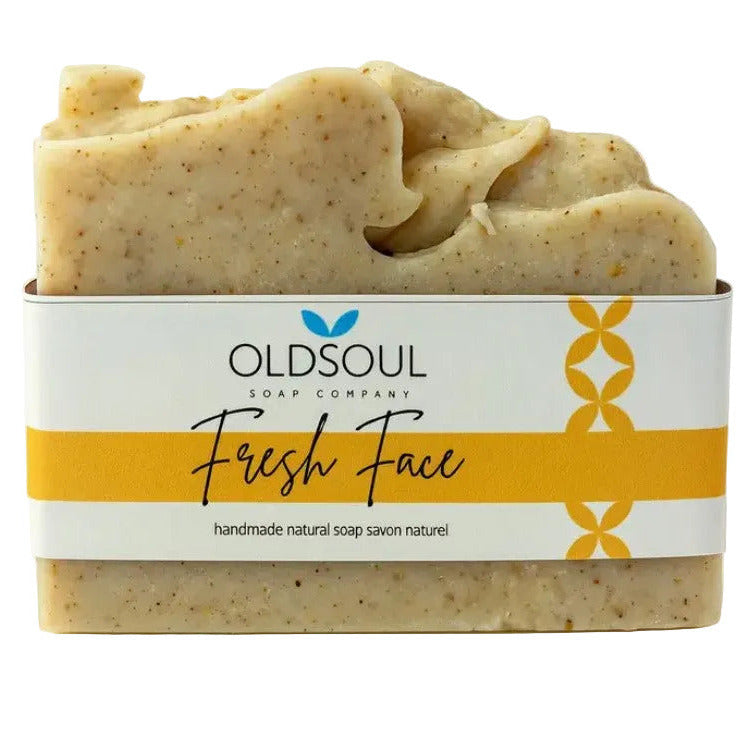 Fresh Face Facial Soap bar textured with Old Soul Soap Company branding, made in Canada, vegan and on a white background.