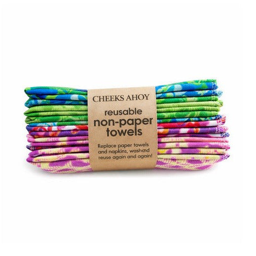Cheeks Ahoy reusable folded non-paper towels with vibrant psychedelic Funky Bloom pattern, soft cotton texture, 10x10 inches