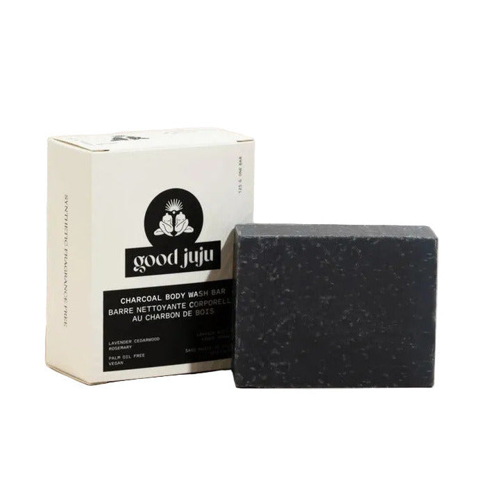 Good Juju Charcoal Body Wash Bar with packaging, made in Canada