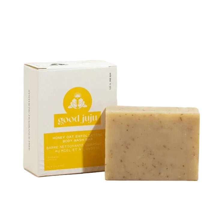 Good Juju Honey Oat Exfoliating Body Wash Bar with packaging, made in Canada