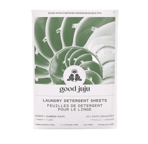 Good Juju Summer Rain laundry detergent sheets in white, rectangular eco strips with textured surface, measuring 3x4 inches
