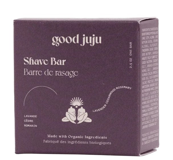 Good Juju lavender cedarwood rosemary vegan shave bar with textured white soap surface in zero waste box