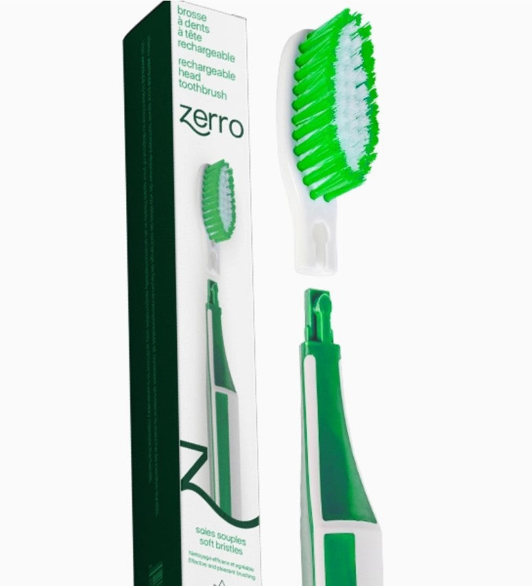 Zerro Replaceable Head Green Toothbrush with textured biodegradable handle and replaceable nylon bristle head, Canadian-made