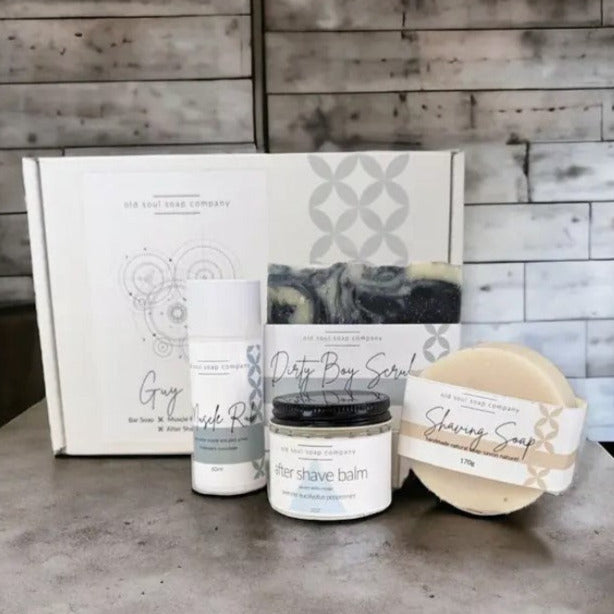 Old Soul Soap Company Guy Stuff Gift Box with natural muscle rub, after shave balm, Dirty Boy Scrub, and soap set in black