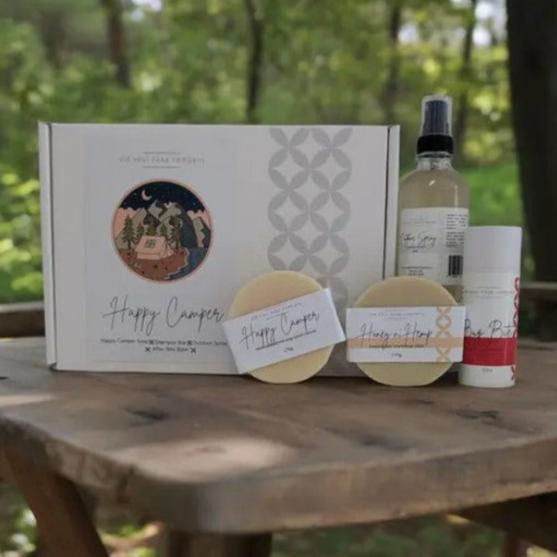 Old Soul Soap Company Happy Camper gift set with bug bite balm, outdoor spray, soap, and honey hemp, durable packaging for
