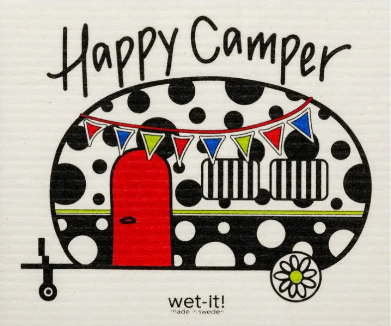 Happy Camper Wet It Cloth in vibrant yellow and gray Swedish dishcloth with textured cellulose and cotton fibers, 6x8