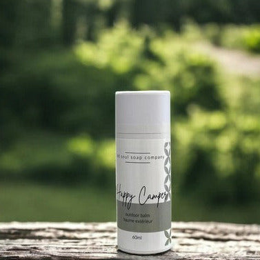 Old Soul Soap Company Happy Camper Outdoor Balm stick in compostable packaging, natural bug repellent for kids