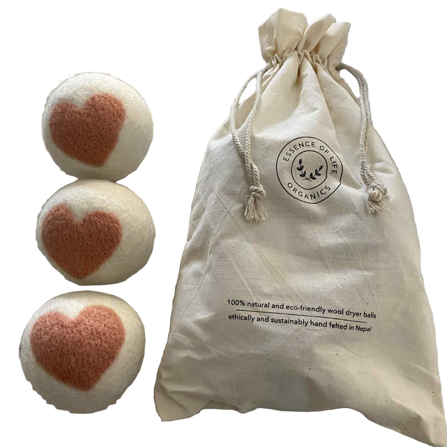 Heart-shaped wool dryer balls by Essence of Life Organics, hand-crafted natural laundry essentials made in Canada