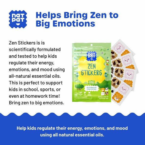 Close-up of the transparent sticker sheet showing calming messages and colorful illustrations on textured paper background