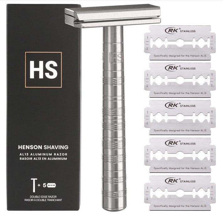 Henson Shave AL13 Razor with aircraft-grade aluminum handle, matte silver finish, textured grip, and stainless steel blade