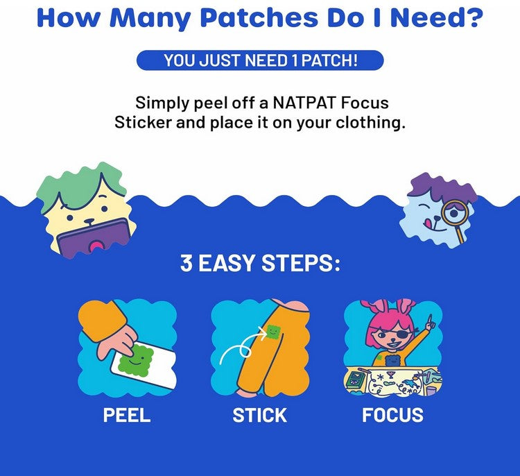 Close-up of the NATPAT FocusPatch stickers showing textured, flexible silicone material with vibrant blue and green tape