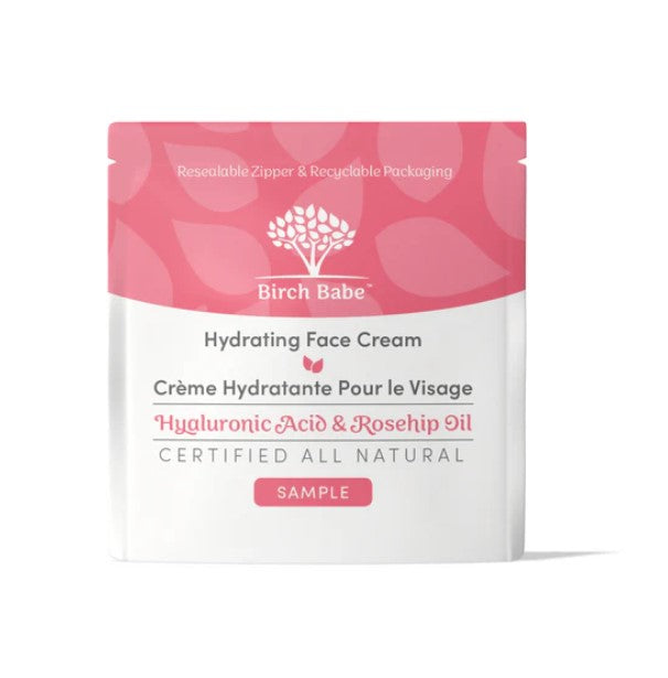 Close-up of Birch Babe Hydrating Face Cream jar showing textured surface and fresh scent notes on label text