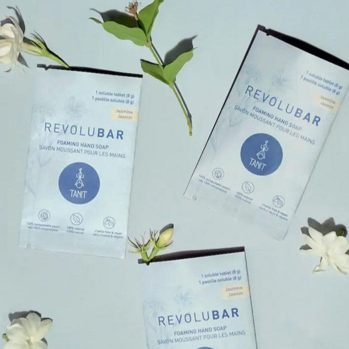 Close-up of the Revolubar Foaming Hand Soap Tablets packaging showing the label and tablet details on the box side