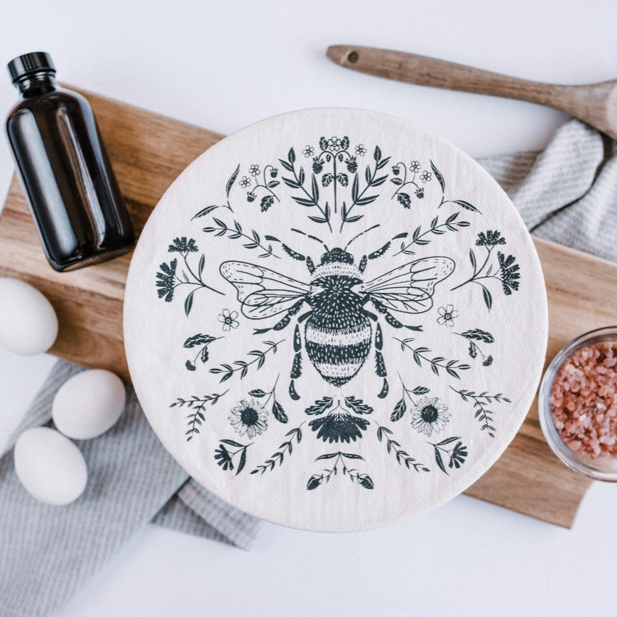 Large bee fabric bowl cover 10 inch organic cotton reusable food cover Canada eco friendly zero waste kitchen bowl cover